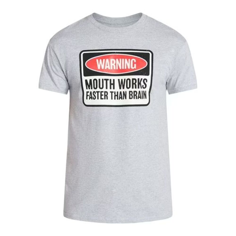 Men's Warning Mouth Works Faster Than Brain Gray Graphic T-Shirt Size XL  46-48